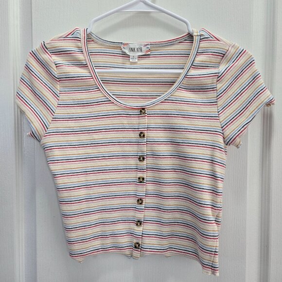 Pink Rose Striped Button-Front Ribbed Short Sleeve Knit Crop Top Size L  Multico - Picture 1 of 5